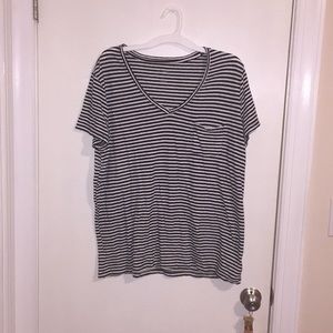 V neck black and white striped tee with pocket